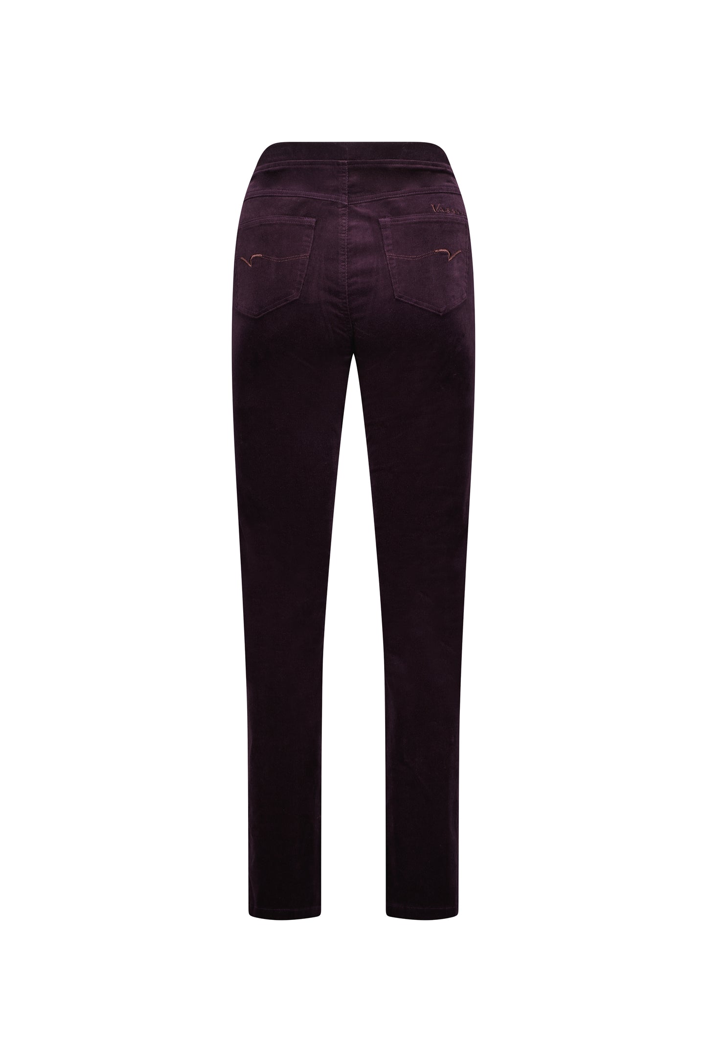 Vassalli's Slim Cord Pants in Mulberry, flat lay