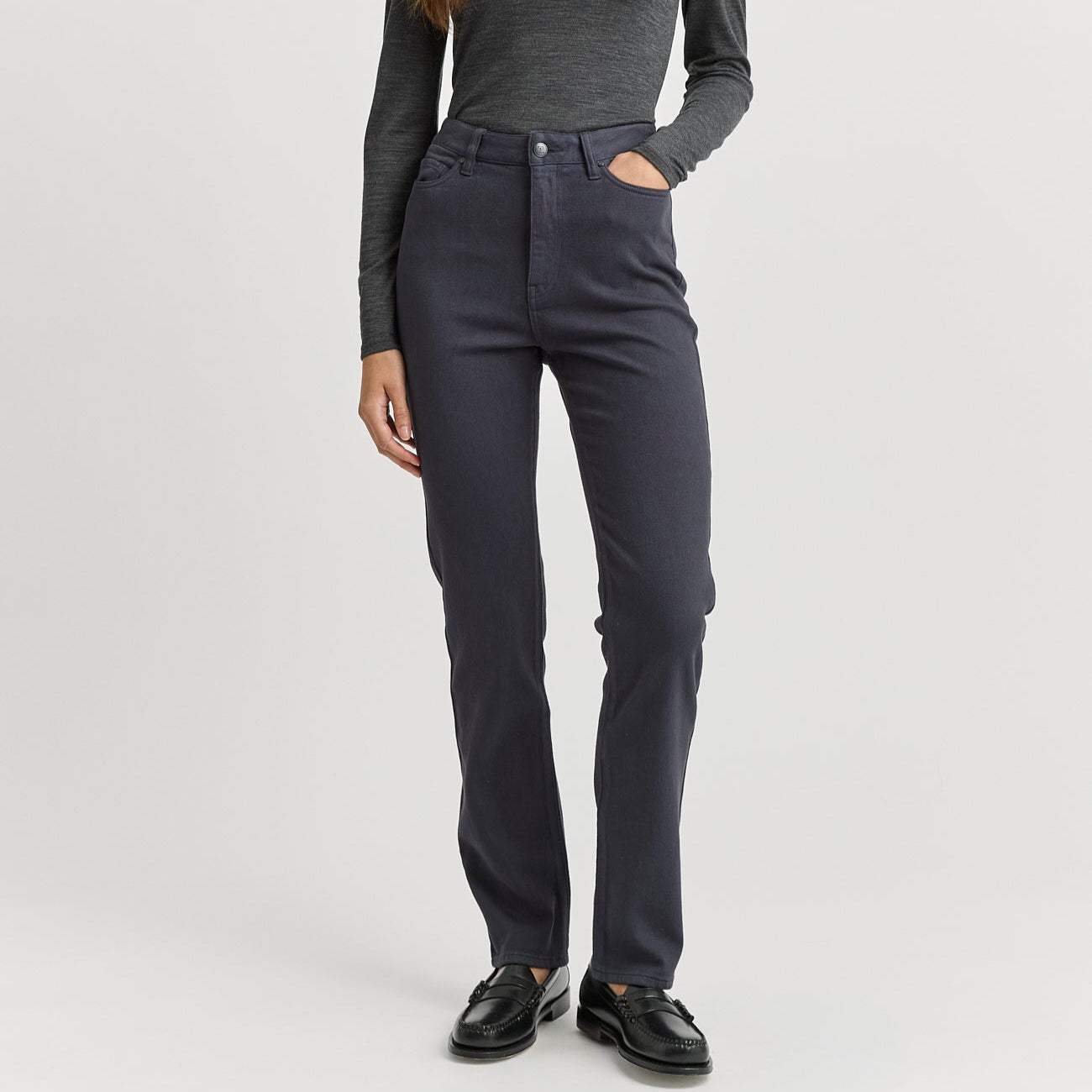Merino-denim high waisted straight leg jeans in blue stone from Toorallie