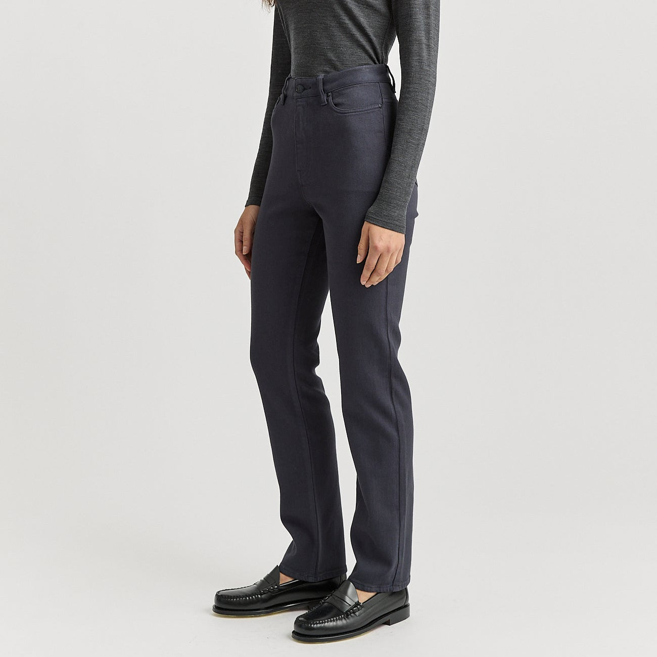 Merino-denim high waisted straight leg jeans in blue stone from Toorallie