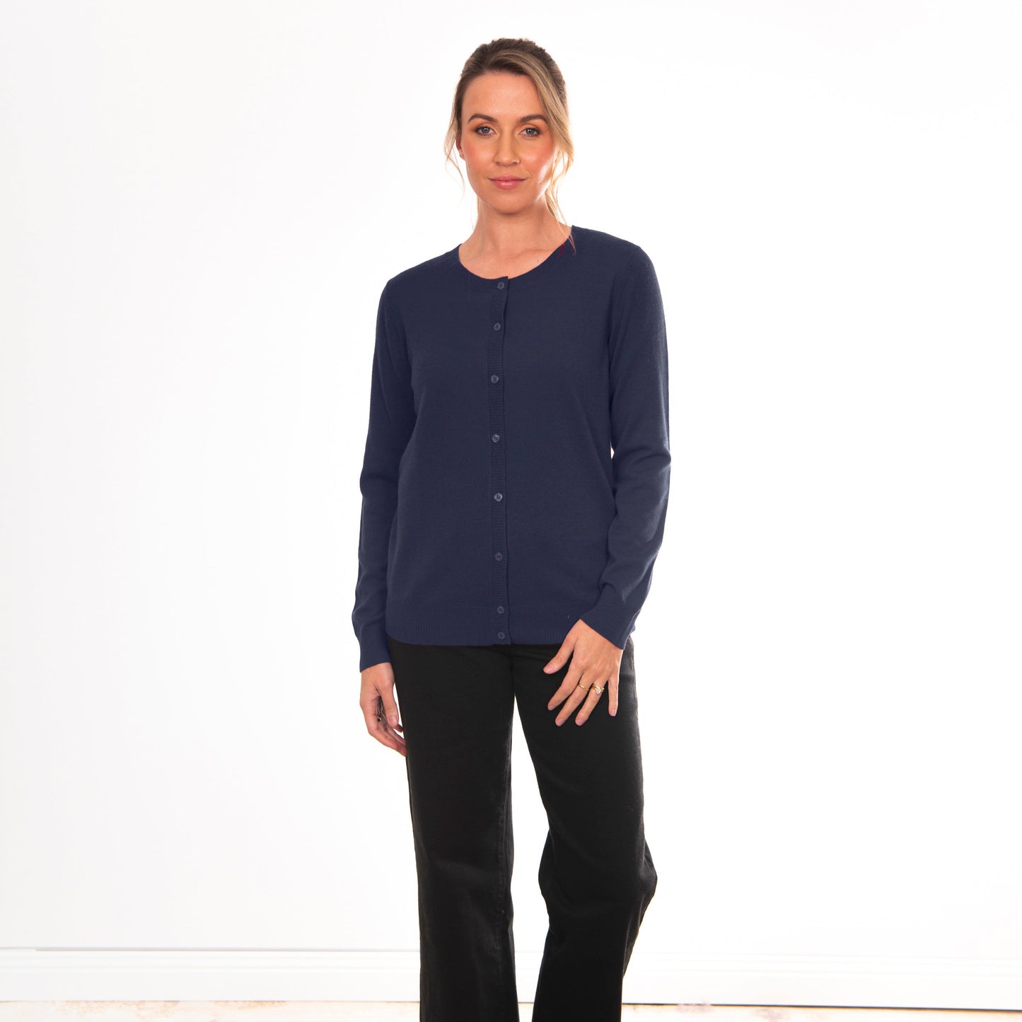 Bridge and Lord's Crew Cardigan in Navy worn by model