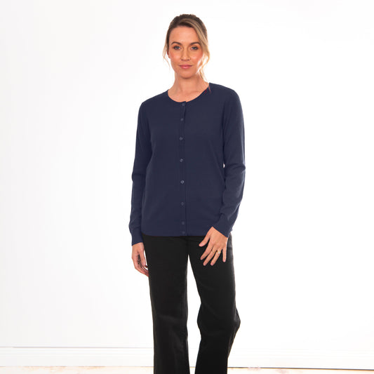 Bridge and Lord's Crew Cardigan in Navy worn by model