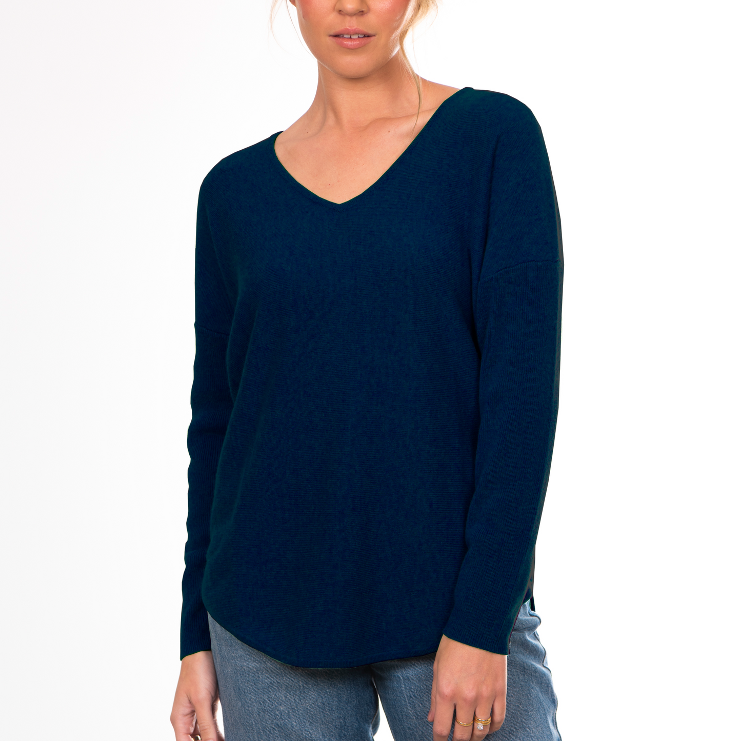 Bridge and Lord's Navy Curved Hem Vee Pullover for women