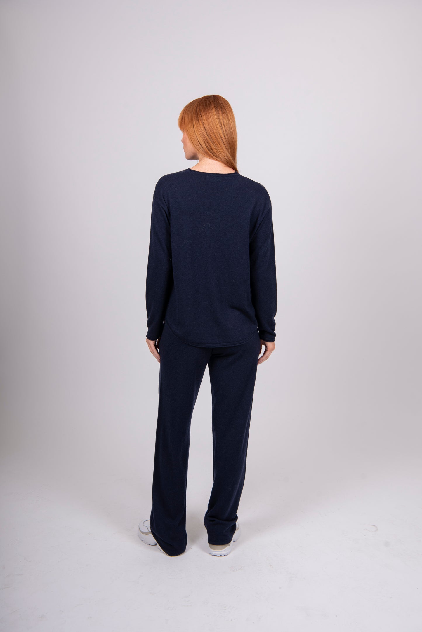 Back view of Bridge and Lord's Roll Trim Relaxed Pullover in Navy