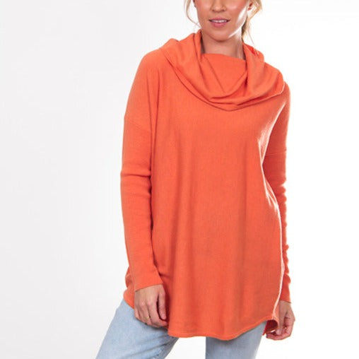 Bridge and Lord's women's curved hem cowl neck pullover in apricot crush