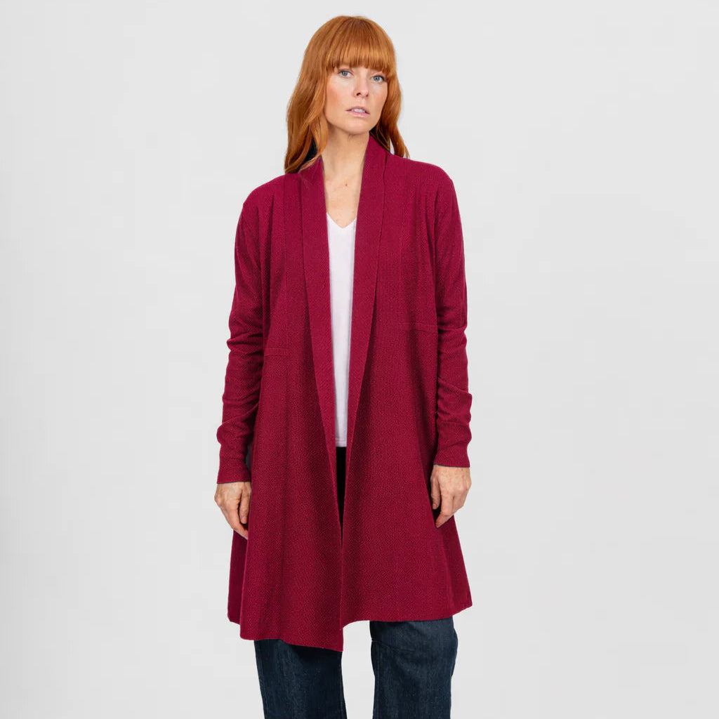 Woman wearing the Bridge and Lord Edge to Edge Cardigan in Cassis