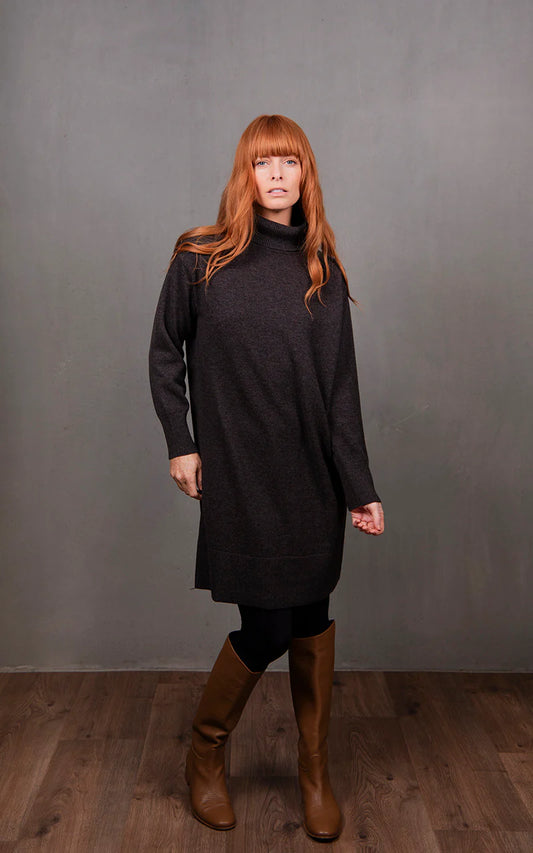 Woman wearing the Bridge and Lord Sweater Dress made with Merino in Chocolate brown