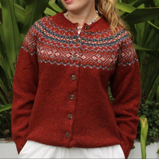 Harley of Scotland Chunky Fairisle Nep wool Cardigan in Hoy red