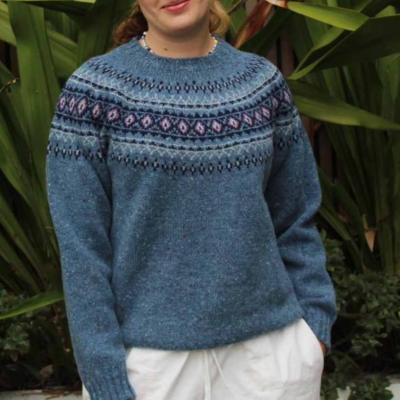 Woman wearing the Fairisle wool nep Jumper by Harley of Scotland in Ossian blue