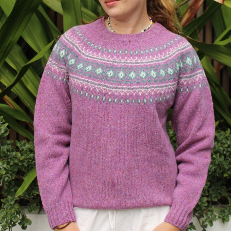 Woman wearing Harley of Scotland Fairisle Nep Woollen Jumper in Shuna purple