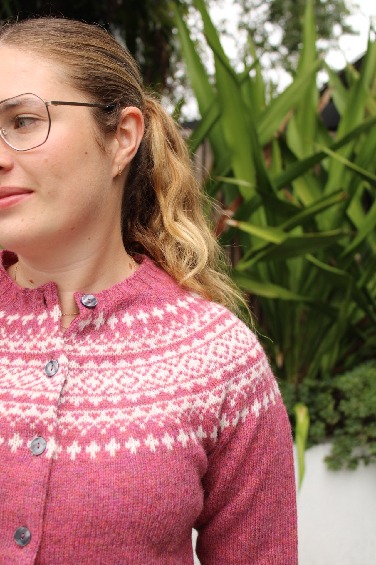 Close up of the wool knitted Fairisle pattern on the yoke