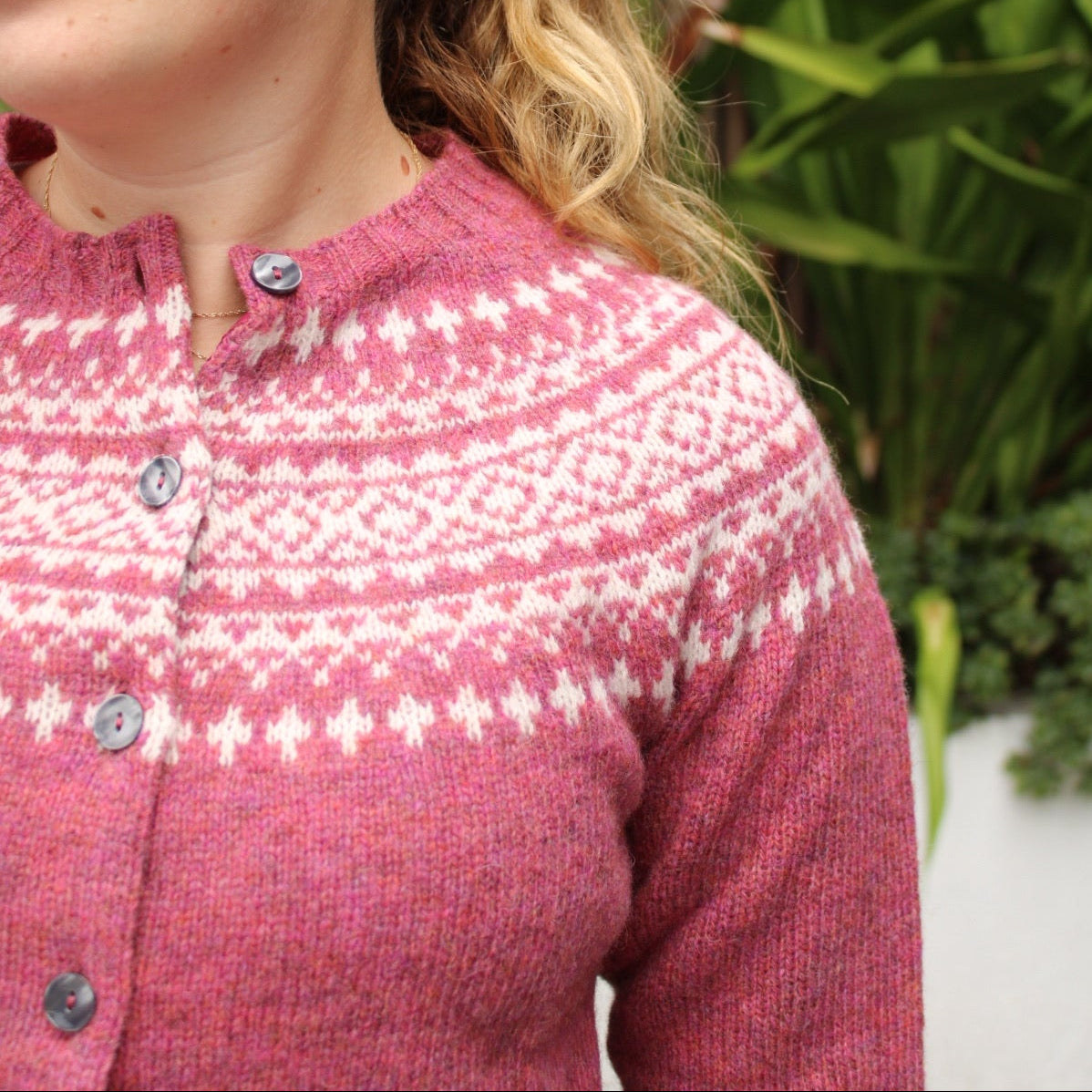Harley of Scotland Women's two tone fairisle cardigan in zinnia. 100% wool.