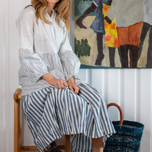 Woman wearing the Lee maxi cotton dress in pablo blue by Mandalay Designs