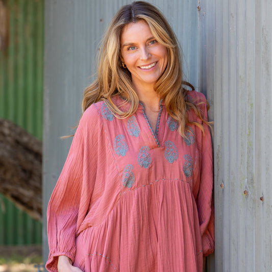 Mandalay Designs Paisley Souq Dress in Coral. Organic cotton - all natural fibres.