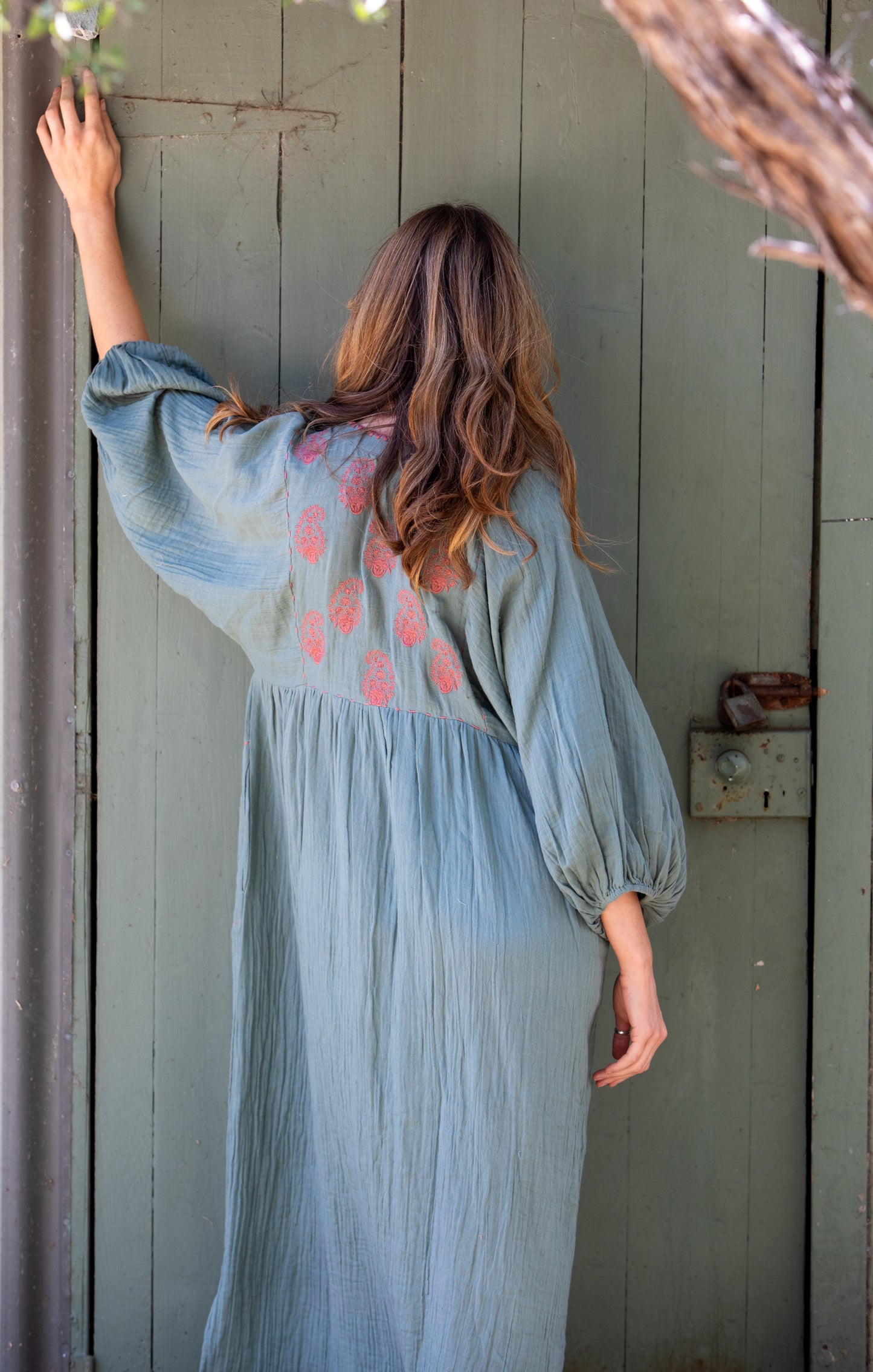Mandalay Designs Paisley Souq Dress in Wasabi made with Organic cotton - all natural fibres.