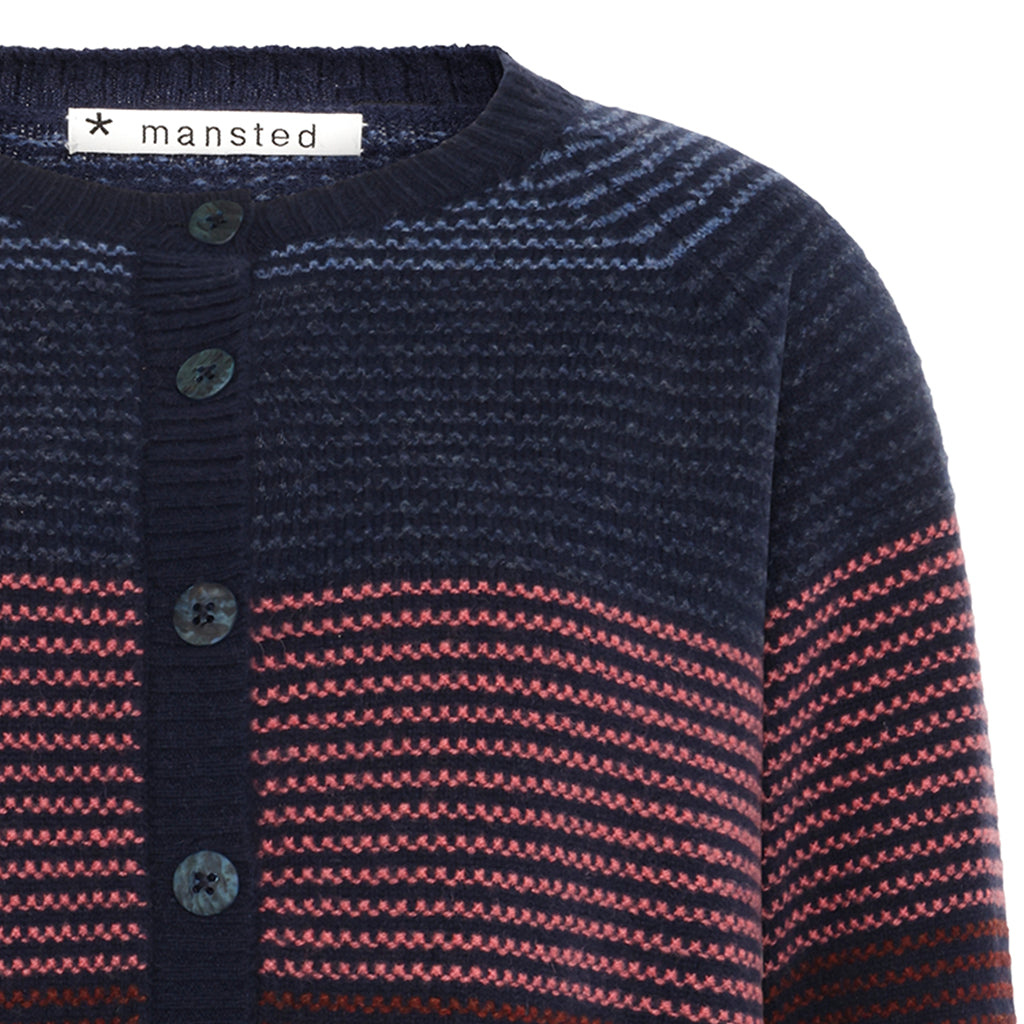 Detail of the woollen Loire Cardigan in Navy stripes by Mansted
