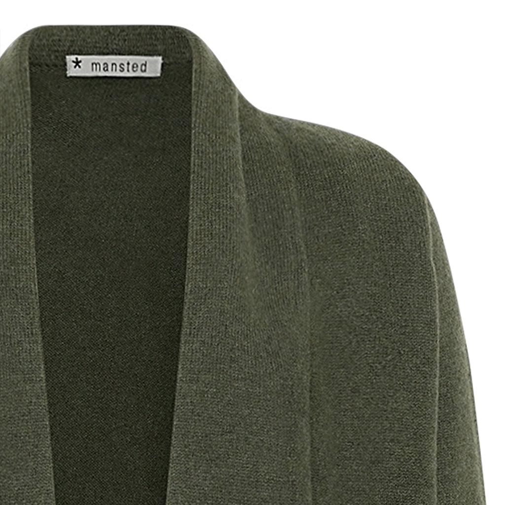 Detail of the Mitty Long woollen cardigan in Forest green by Mansted