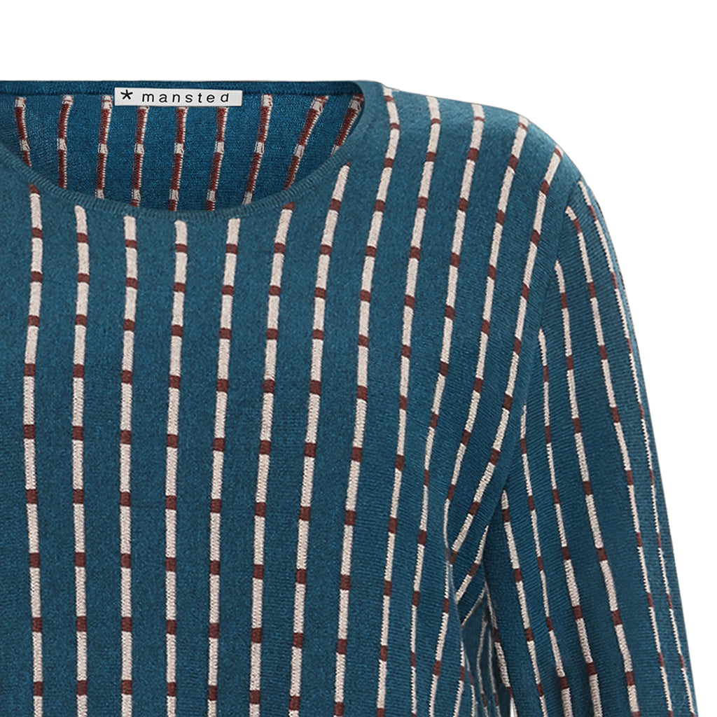 Detail of the Merino cotton Penelope top in Dark Aqua stripes by Mansted