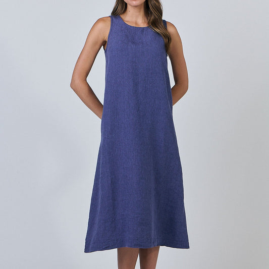 Woman wearing Naturals by O&J's Linen midi Dress in Blueberry