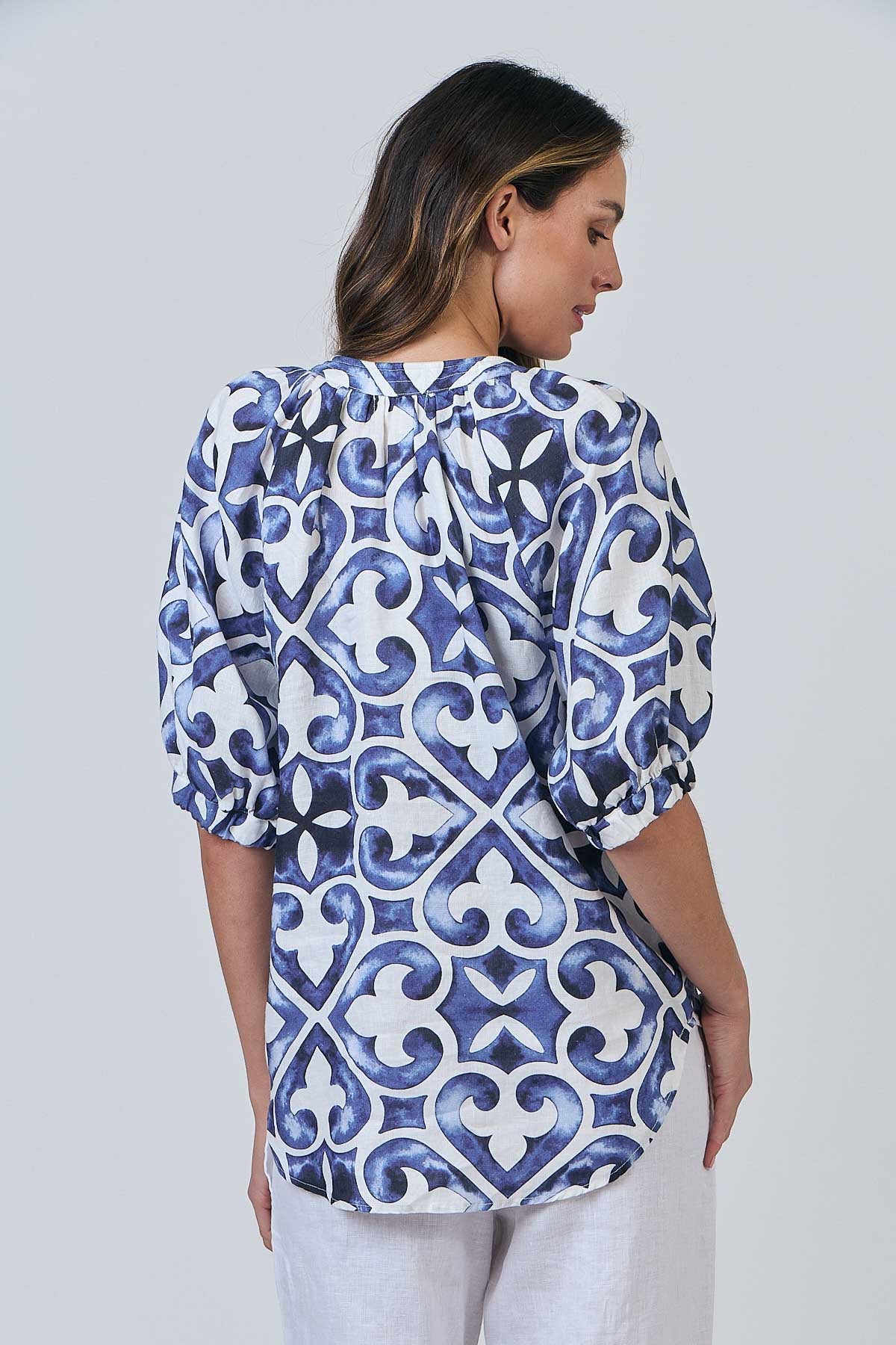 Woman wearing Natural by O&J's Tunic Top in Corfu blue