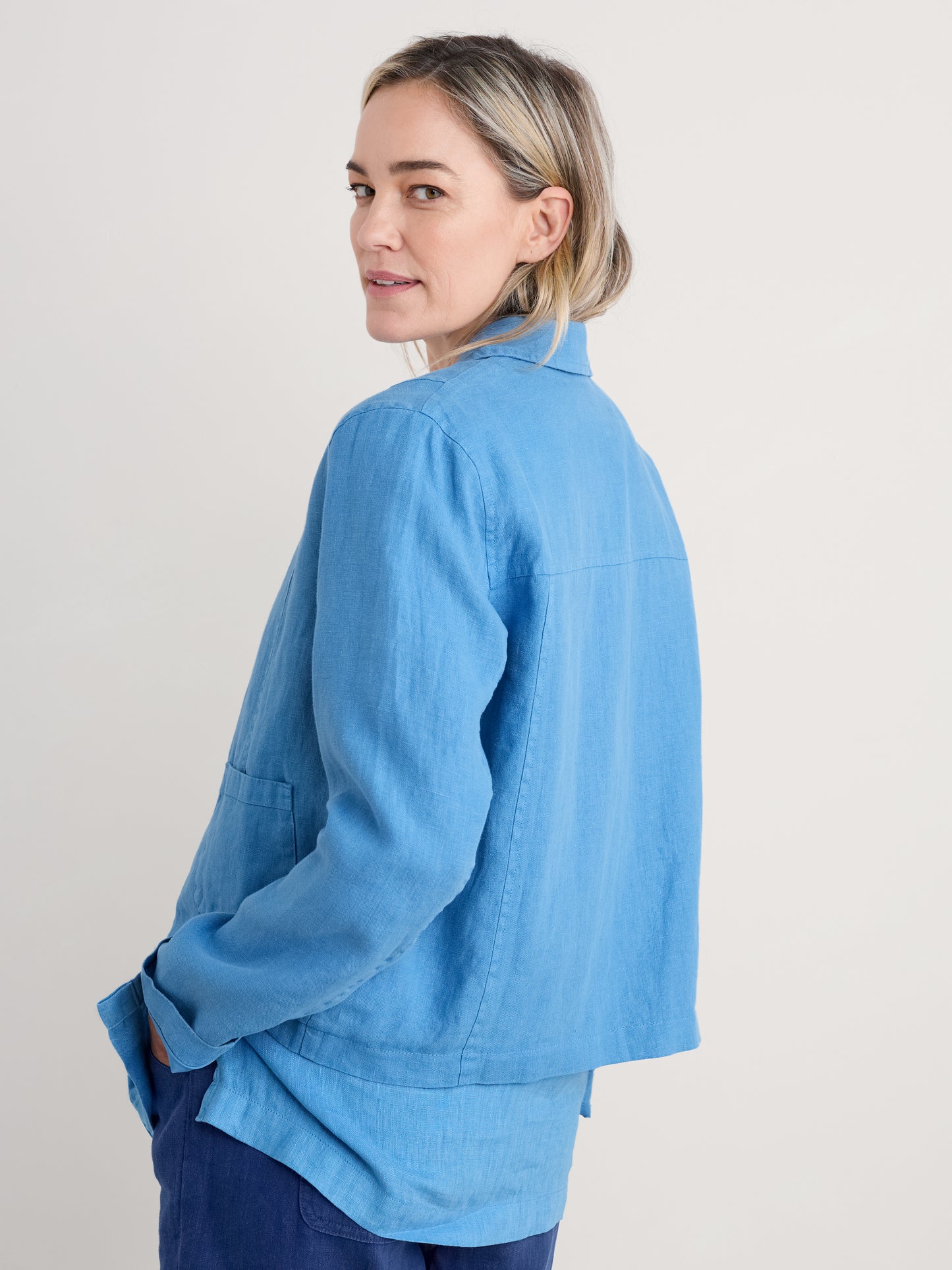 Back of the Arame Linen Jacket by SEASALT for women in Clear Sky blue