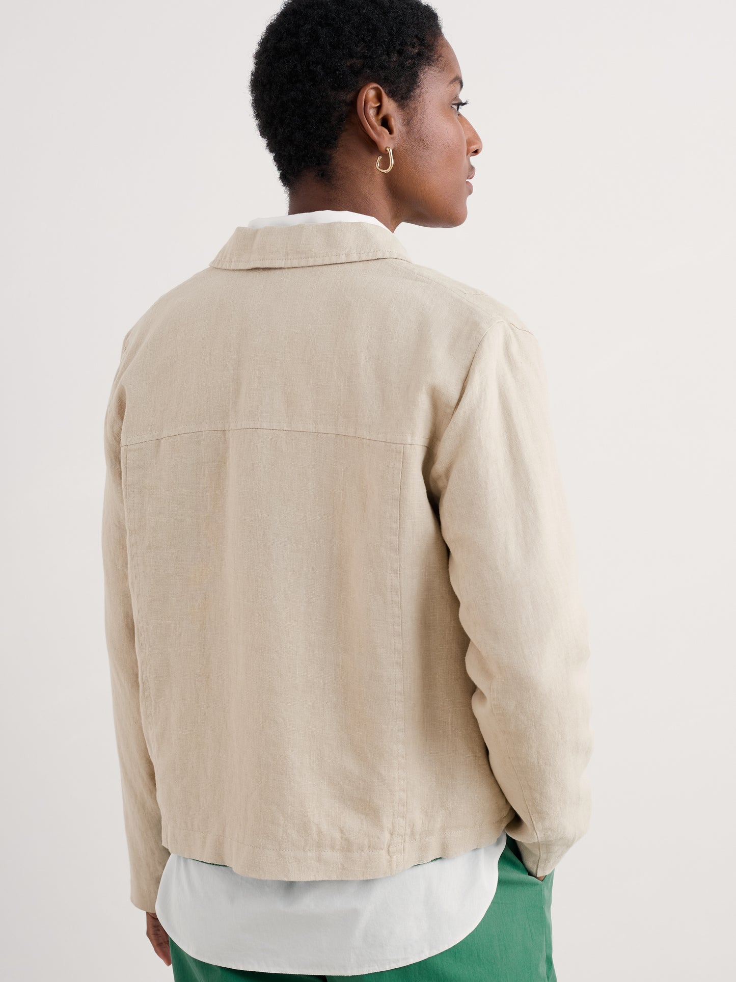 Back view of the Arame Linen Jacket in Whelk beige for women by SEASALT