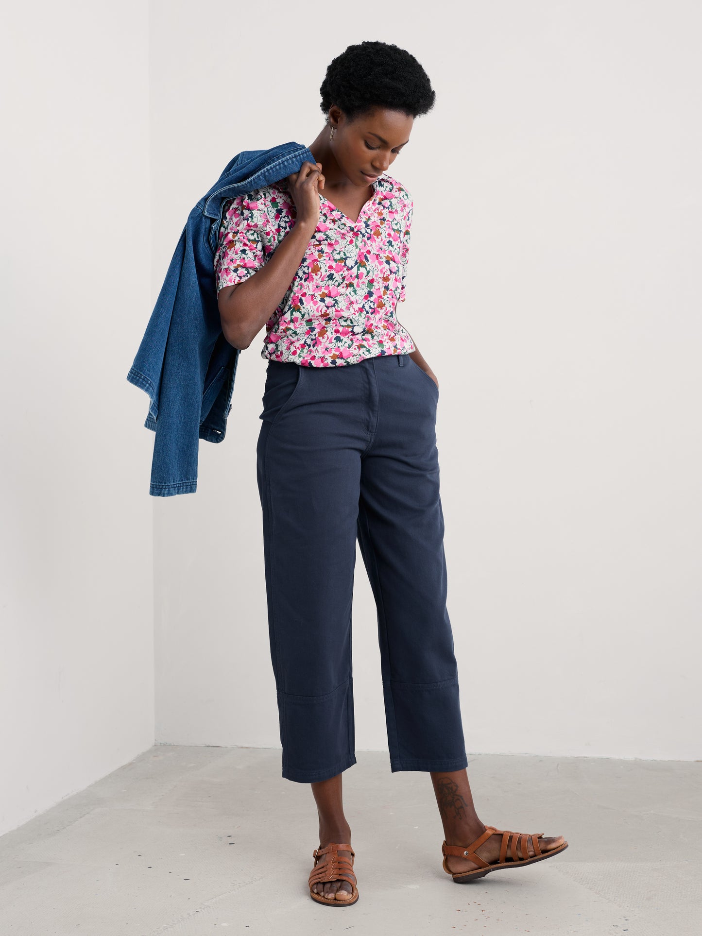 Woman wearing the Short Sleeve Misty Sky cotton jersey Shirt in Blossom Sketch chalk by SEASALT