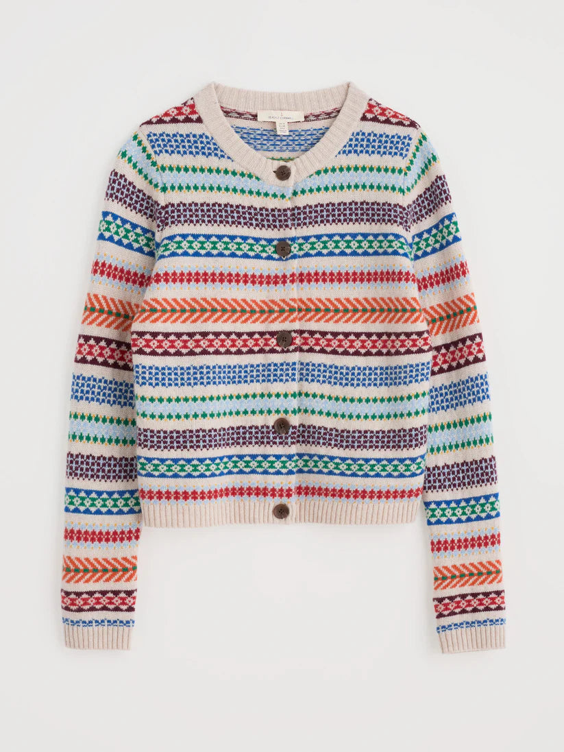 Flat lay of the Percella Cove wool cardigan by SEASALT in Abstraction Multi fair isle