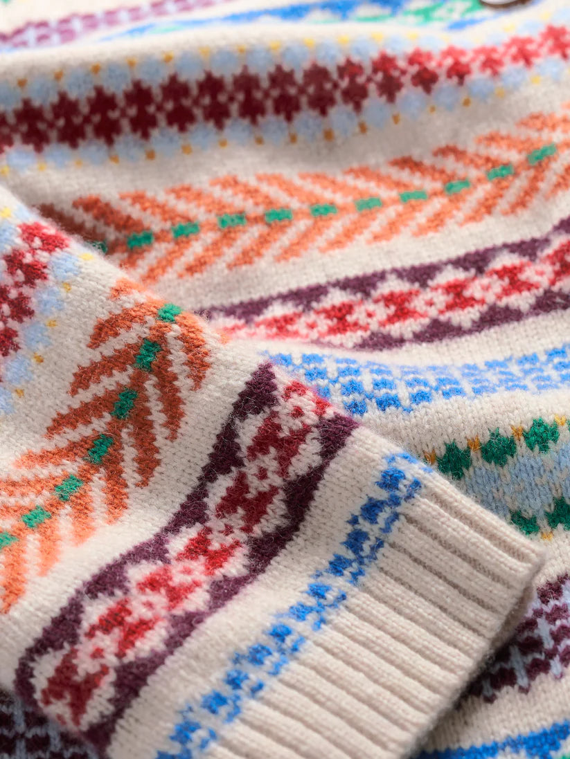 Close up of the Percella Cove Cardi wool knit with colourful patterns
