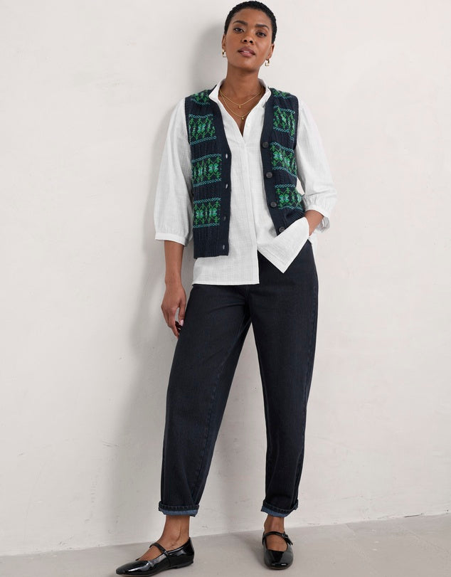 Woman wearing the Hope Cottage Blouse in Salt by SEASALT