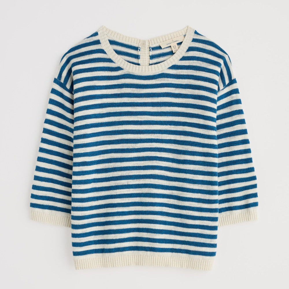 Flat lay of the Knavock Striped cotton Jumper by SEASALT in Mini Cornish Sailor Ecru Blue