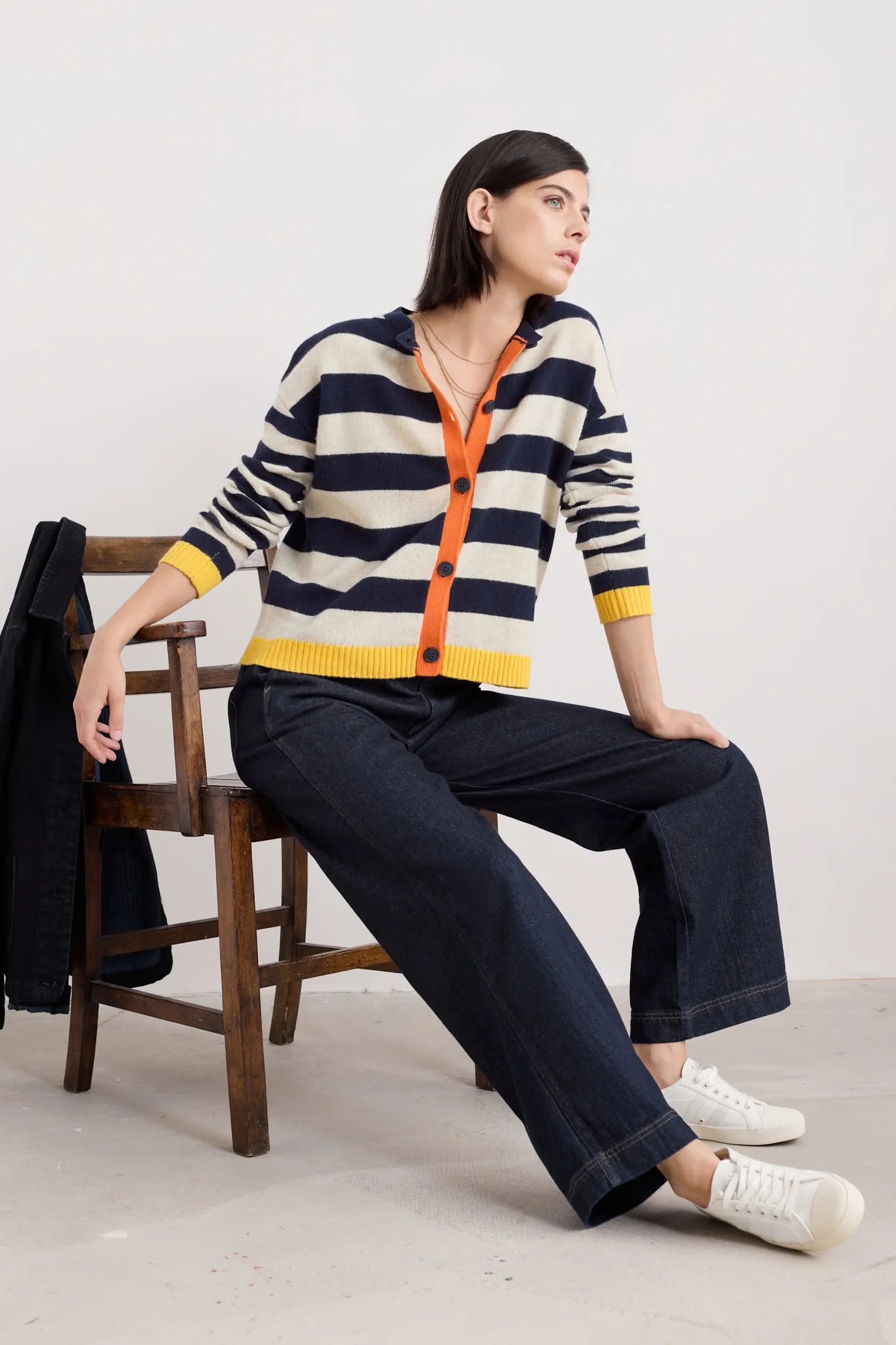 Woman wearing the Pinwheel Cardigan by SEASALT in Bright Shape Maritime Mix navy