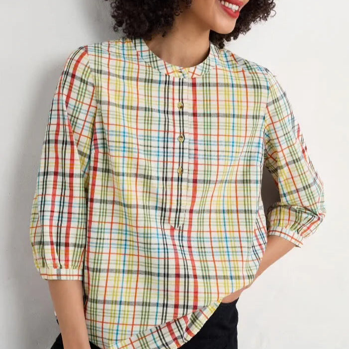 Woman wearing the Rose Garden cotton Top by SEASALT in Melody Multi check