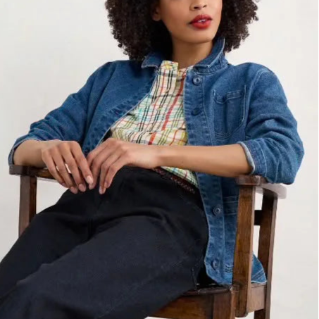 Woman wearing the Rose Garden cotton Top by SEASALT in Melody Multi check