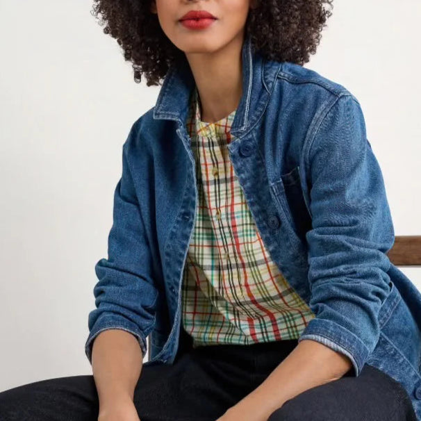Woman wearing the Rose Garden cotton Top by SEASALT in Melody Multi check