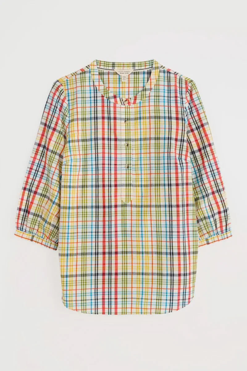 Flat lay of the Rose Garden cotton Top by SEASALT in Melody Multi check