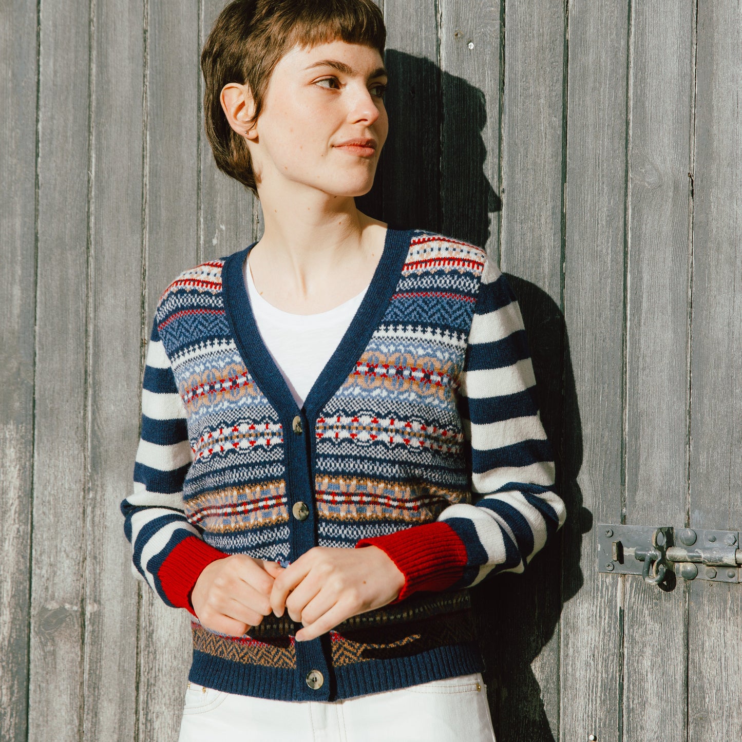 Eribé's Stobo Fair Isle Vee Neck Cardigan in Navy Reflection