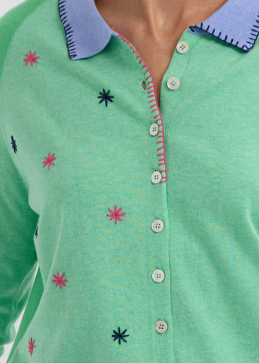 Close up of Spearmint green Cardigan with hand embroidery by Zaket and Plover