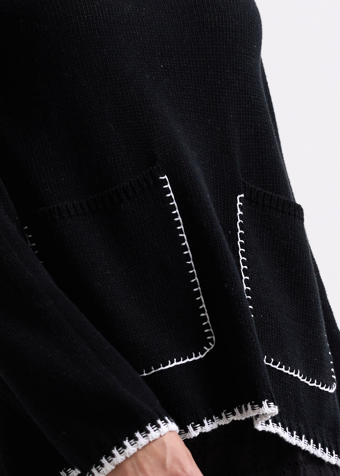 Woman wearing the Hand Work Trim Sweater in Black by Zaket and Plover