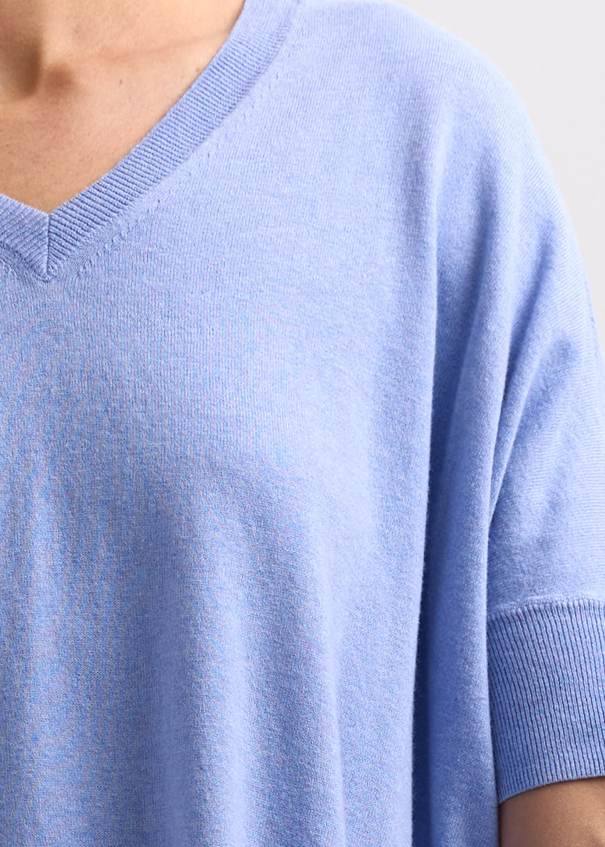 Woman wearing the Pointelle Shoulder Top in Blueberry by Zaket and Plover