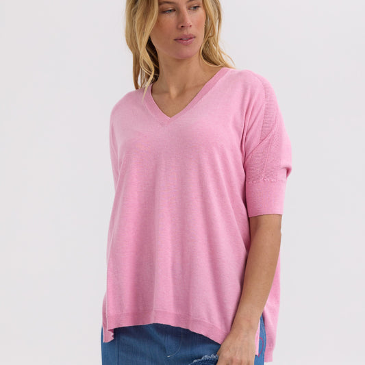 Woman wearing the Pointelle Shoulder Top in Fondant pink by Zaket and Plover