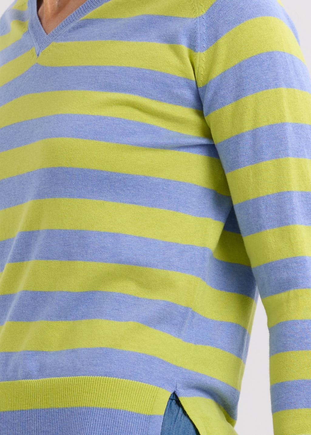 Woman wearing the Essential Stripe Vee cotton Top by Zaket and Plover in Blueberry