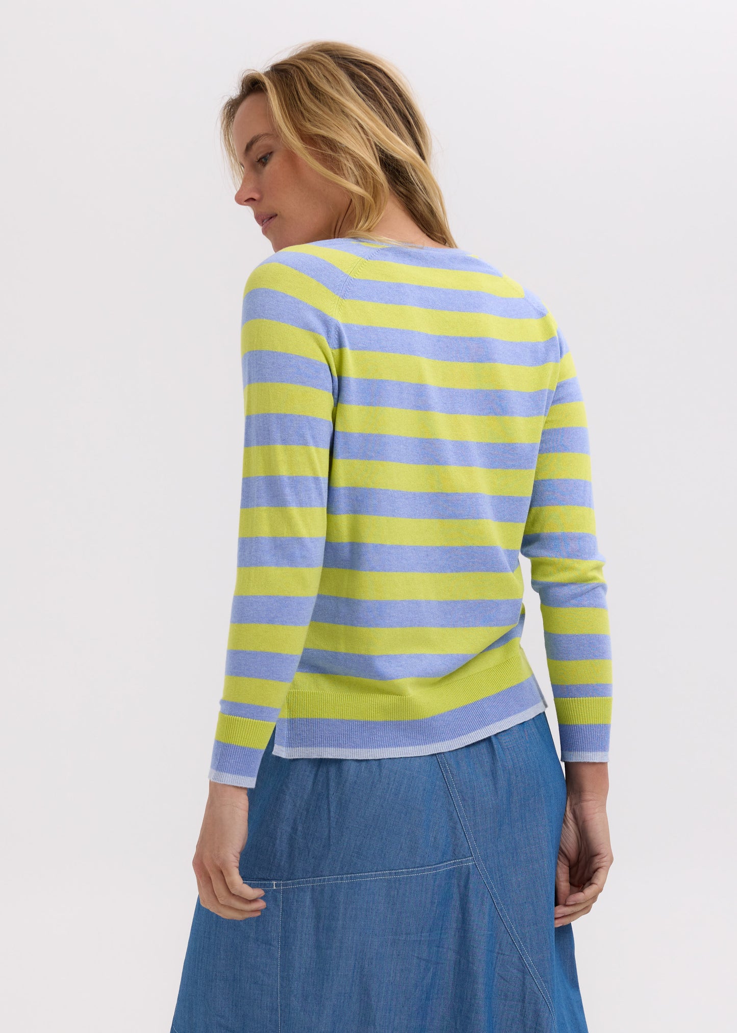 Woman wearing the Essential Stripe Vee cotton Top by Zaket and Plover in Blueberry