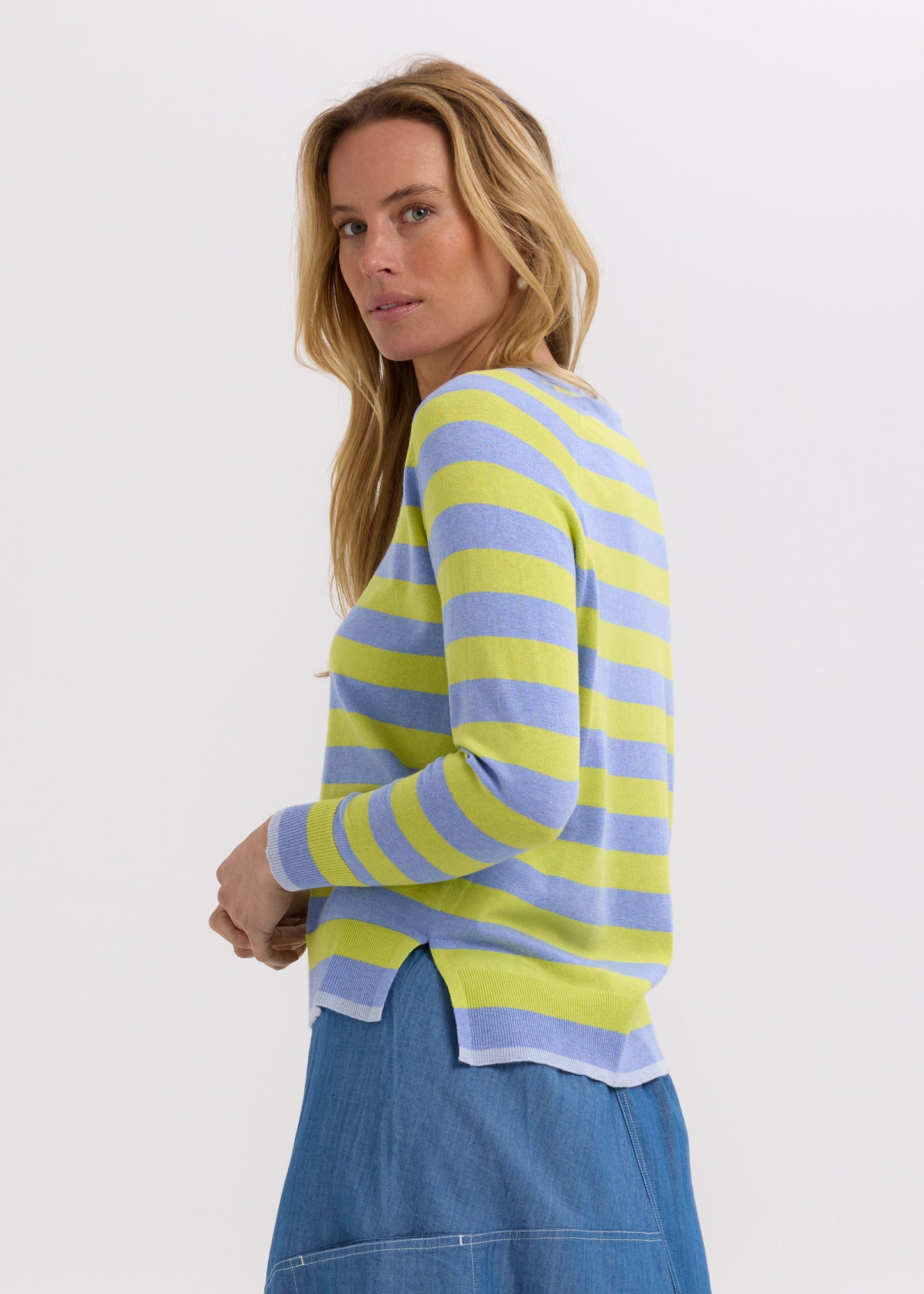 Woman wearing the Essential Stripe Vee cotton Top by Zaket and Plover in Blueberry
