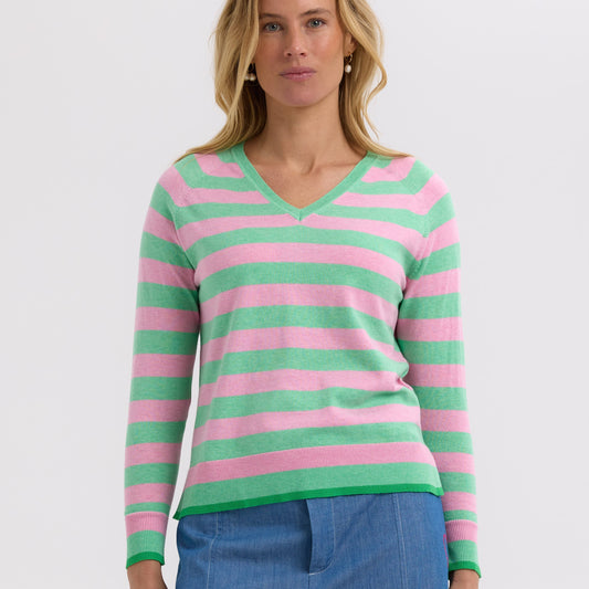 Woman wearing the Essential Striped Vee cotton Top in Spearmint and pink by Zaket and Plover