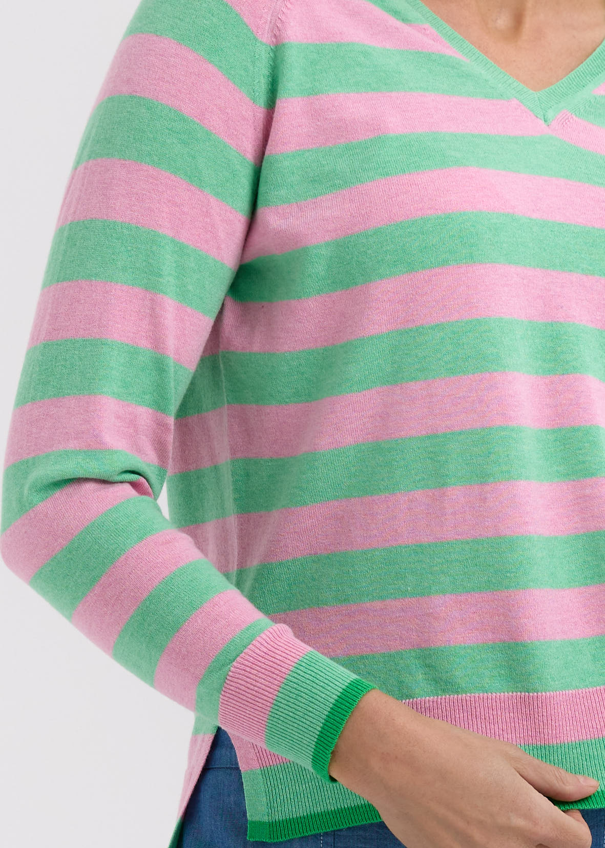 Woman wearing the Essential Striped Vee cotton Top in Spearmint and pink by Zaket and Plover