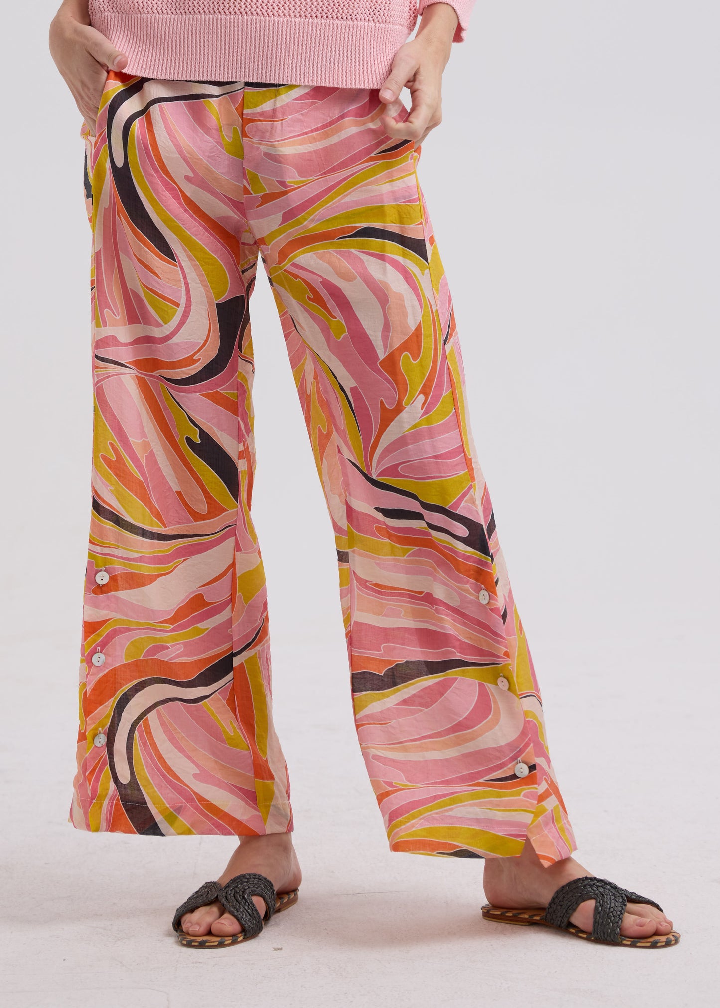 Woman wearing the Summer Pants by Zaket and Plover in Sunset pattern