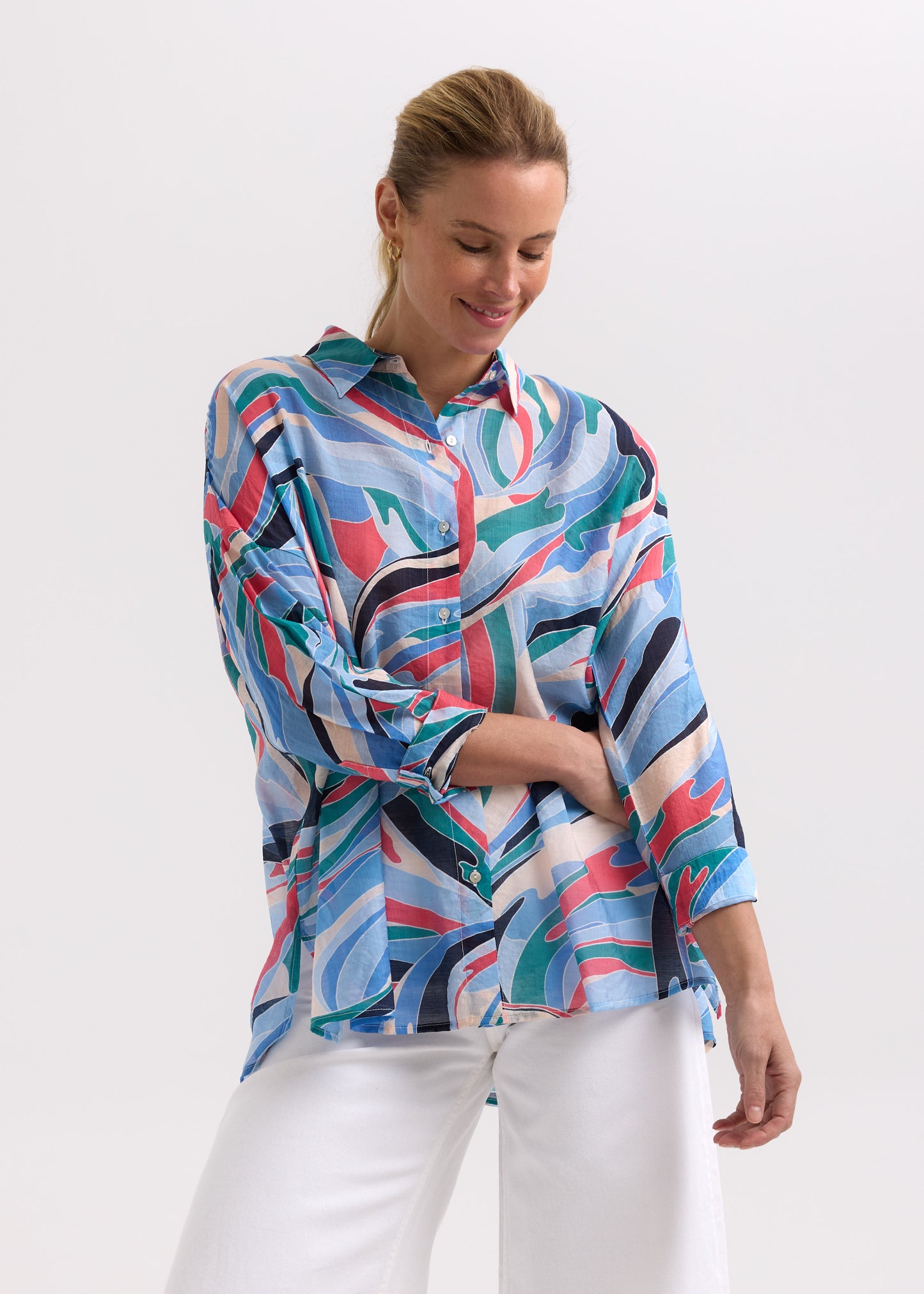 Woman wearing the Summer Shirt by Zaket and Plover in Waves blue