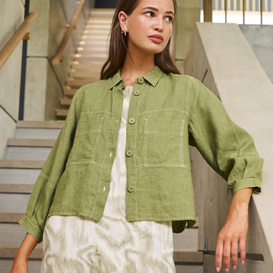 Woman wearing Naturals by O&J's Cropped Jacket in Moss