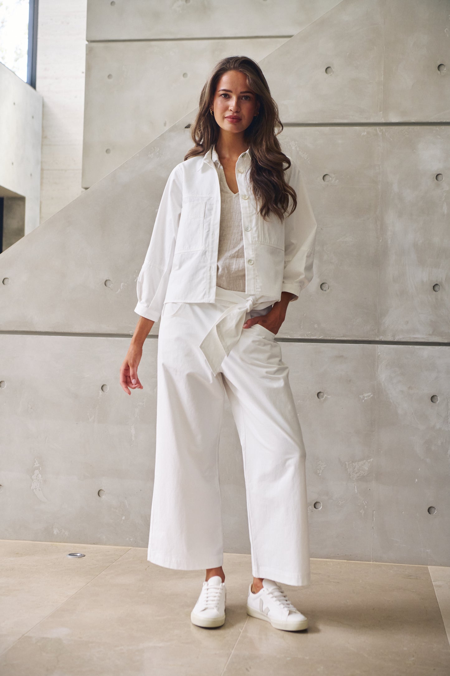 Woman wearing Naturals by O&J's Cropped Jacket in salt white