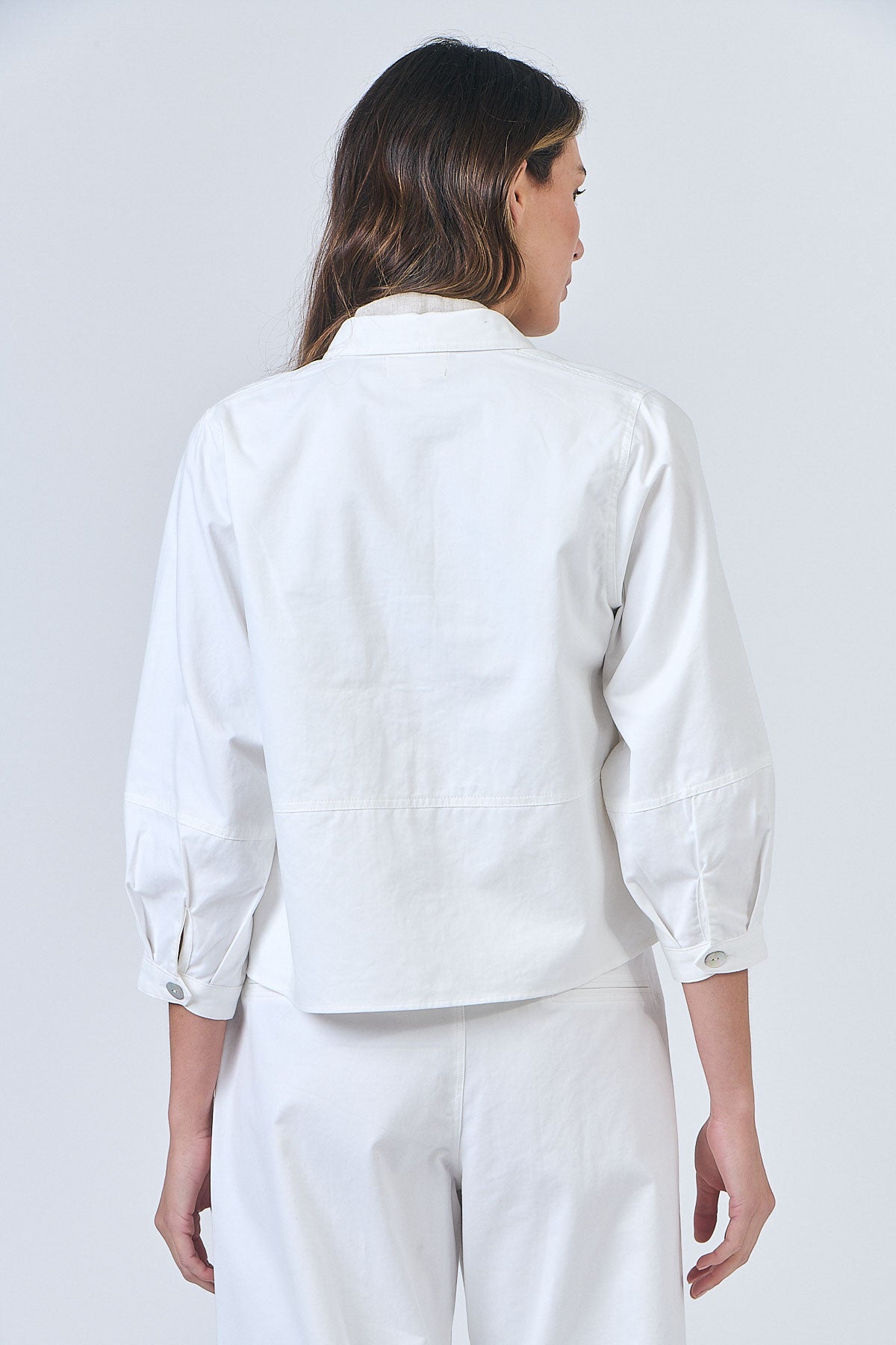 Woman wearing Naturals by O&J's Cropped Jacket in salt white